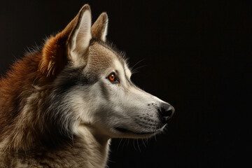 A captivating portrait of a Husky, brought to life with a palette of earthy brown tones, set against a striking black backdrop.