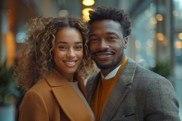 Obraz premium A stylish couple stands close together, sharing a glance filled with affection and elegance