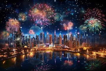 Fototapeta premium Generative ai on theme festive brightly fireworks on twilight background high in dark sky