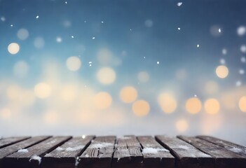 Wooden planks with snow and blurred lights in the background