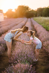 Mother hold hands little daughter in flowers lavender enjoying scent on summer day at sunset. Mom kisses child girl on lavender field background. Mom and baby embrace in meadow. Happy family outdoors.