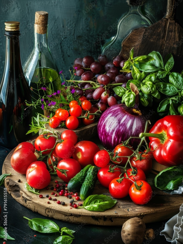 Sticker AI generated illustration of fruits on a wooden cutting board, including tomatoes and grapes