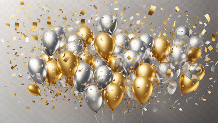 There are gold and silver balloons with gold confetti falling on a silver background.

