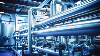 Pipes stainless steel brewing equipment, large reservoirs or tanks in modern beer factory. Brewery production concept.
