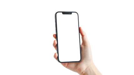 Hand holding a smartphone with empty screen isolated on transparent background