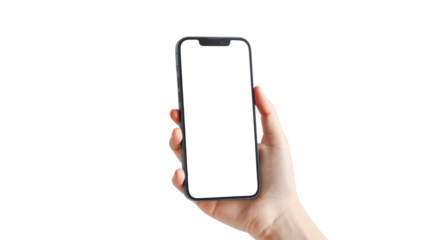 Hand holding a smartphone with empty screen isolated on transparent background