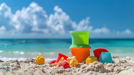 Sandbox toys at the beach under blue sky