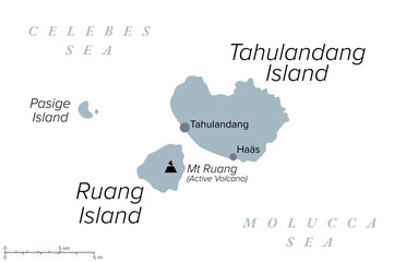Ruang, an active Indonesian volcanic island, gray political map. Southernmost stratovolcano in the Sangihe Islands arc, North Sulawesi, Indonesia. Located southwest of the nearby island Tahulandang.