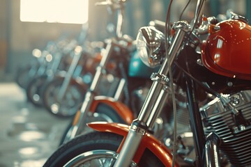 An array of shiny red motorcycles is captured in a warm, golden light, highlighting the beauty of...
