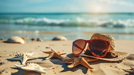 Summer accessories on coastline or beach - Powered by Adobe