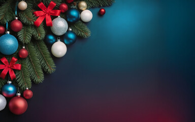 Fir branches and Christmas tree balls, abstract background