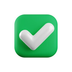 Vector 3d Check mark realistic icon. Trendy plastic green checkmark, select icon isolated on white background. Green square yes button. 3d render tick sign illustration for web, app, design.