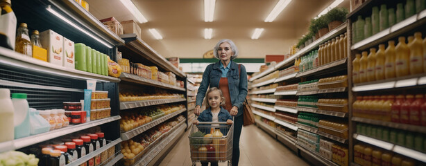 A grandma and her granddaughter in the supermarket, product shelves with consumer goods, in the grocery store, daily shopping