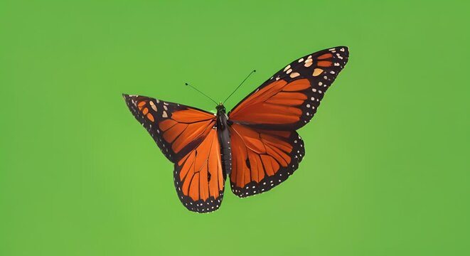 Animation of flying butterfly isolated on green screen.