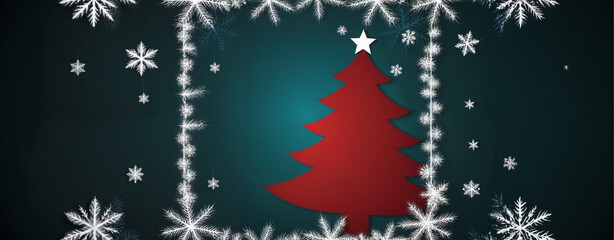Red fir tree is Christmas tree with white star, frost and snowflakes, abstract background