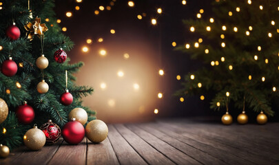 Fototapeta na wymiar Christmas christmas background, fir tree decorated on wooden floor, abstract, bokeh golden sparkles, Christmas tree balls