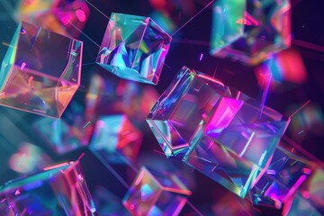 Colorful Holographic Geometric Shapes Stack on Dark Background - 3D Digital Art in Blue, Purple, and Green	
