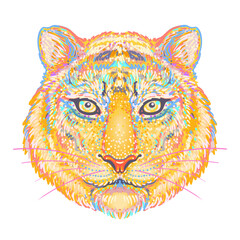 Patterned ornate tiger head. African, Indian, totem, tattoo, sticker design. Design of t-shirt, bag, postcard and posters. Vector isolated illustration in bright neon colors.