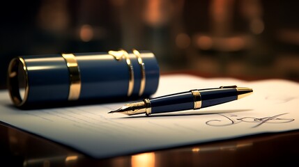 A high-definition image of a fountain pen leaving its mark on a contract, symbolizing the significance of executive decisions in business - obrazy, fototapety, plakaty