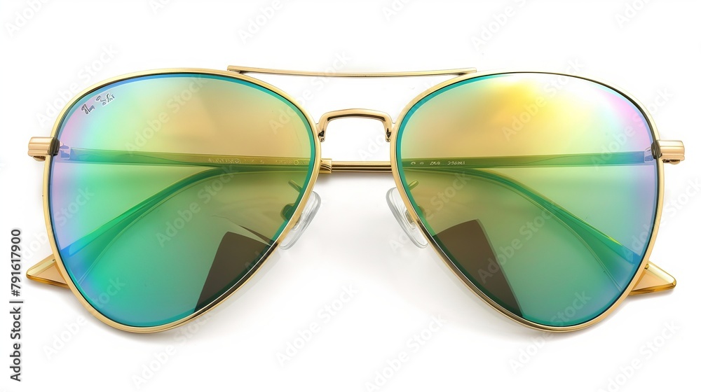 Wall mural Isolated on a white background using a clipping path, aviator sunglasses with a gold frame and multicolored green mirror lenses.