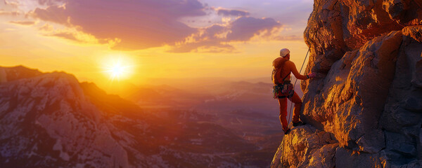 A silhouette of a man climbing on a steep cliff  at sunset in mountains. The climber wearing light rock climbing clothes.