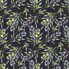 Seamless watercolor olives pattern with olive branches. Olives background for wallpapers, postcards, greeting cards, wedding invites, textile, events. Floral Watercolor