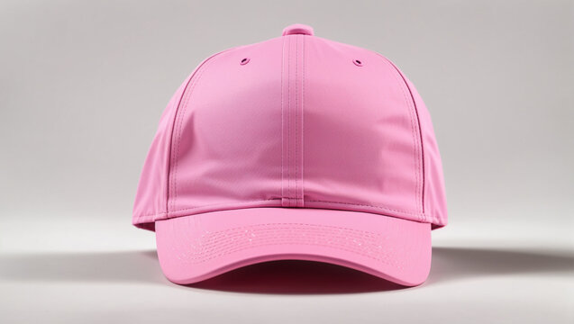 A pink baseball cap is sitting on a white surface.

