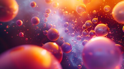 Colorful 3D rendering of a cluster of translucent spheres floating in a gaseous medium.