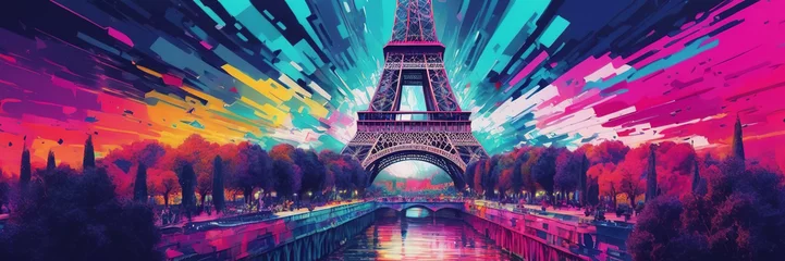 Foto op Plexiglas Colorful fireworks in Paris, Eiffel Tower. The Arc de Triomphe on Bastille Day. The famous Eiffel Tower and beautiful fireworks during the celebration of France's national holiday - Bastille Day © Vladislav
