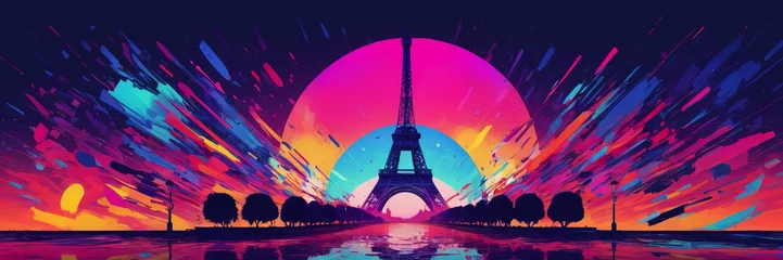 Foto op Plexiglas Colorful fireworks in Paris, Eiffel Tower. The Arc de Triomphe on Bastille Day. The famous Eiffel Tower and beautiful fireworks during the celebration of France's national holiday - Bastille Day © Vladislav