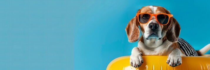 Adorable beagle dog on a solitary, blue background with sunglasses and a swimming ring. The idea of a seaside summer vacation. Banner. Copy space. - obrazy, fototapety, plakaty