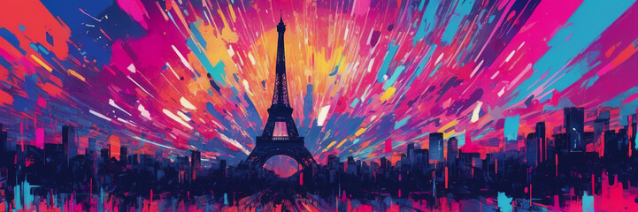 Colorful fireworks in Paris, Eiffel Tower. The Arc de Triomphe on Bastille Day. The famous Eiffel Tower and beautiful fireworks during the celebration of France's national holiday - Bastille Day