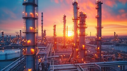 Oil refinery against a colorful sunset sky. Highlight the industrial structures and their impact on the environment. Generative AI. - obrazy, fototapety, plakaty