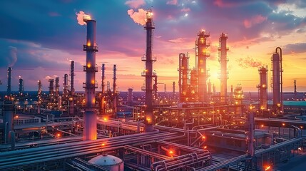 Oil refinery against a colorful sunset sky. Highlight the industrial structures and their impact on...
