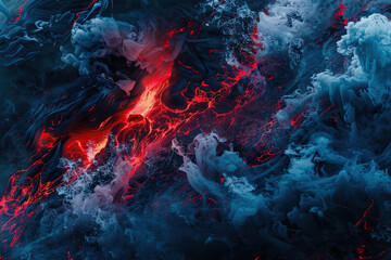 Generative ai on theme of erupting volcano with cascading hot lava surrounded thick white smoke - obrazy, fototapety, plakaty