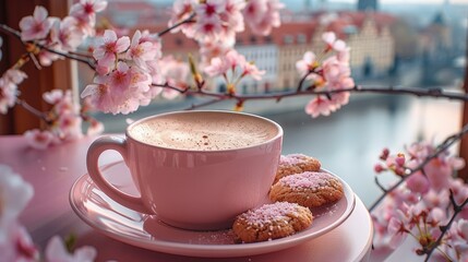 On the table are a pink cup of coffee, some cookies, and sakura blossoms. Generative AI.