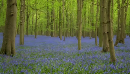 A carpet of bluebells blooming beneath the trees I