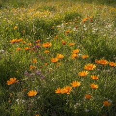 Vibrant meadow, filled with variety of wildflowers, basks in sunlight, showcasing spectrum of colors, textures that create picturesque natural scene. Flowers densely packed, indicating healthy.
