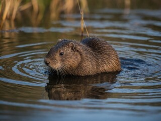 Brown furry creature, likely beaver, seen swimming in calm waters. Wet fur of creature glistens under sunlight, creating beautiful spectacle. Creatures small eyes, nose visible above waterline.