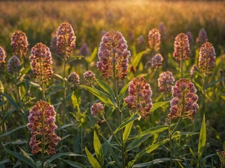 Field, serene, vast, bathed in warm glow of setting sun. Dominating foreground clusters of tall flowers, their pinkish-purple blossoms standing out against soft golden light. These flowers.
