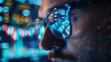 Dedicated cryptocurrency trader and analyst working with glasses on, examining computer screen reflected in glasses. close-up reflection of the eyes - obrazy, fototapety, plakaty