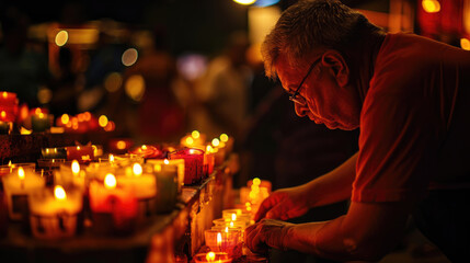 A man lights a candle in memory of the deceased - obrazy, fototapety, plakaty