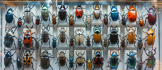A vivid, educational poster-style image of various insect specimens perfectly arranged in a display case, with clear labels for each. The style is bright and clear. Generative AI.