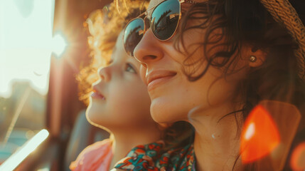 A woman and child in the back seat gaze out the window wearing sunglasses, happy