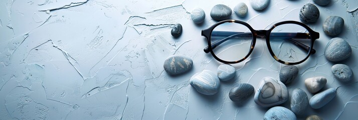 banner for a glass sale. Offer for a sale-out optic store. Fashionable plastic-framed glasses with stones on a pale background. Copy space for text. Web line for banner. Optic store discount 
