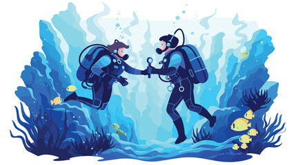 Illustration of scuba divers greeting while swimmin