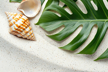 Sandy beach with seashell and monstera leaf, top view