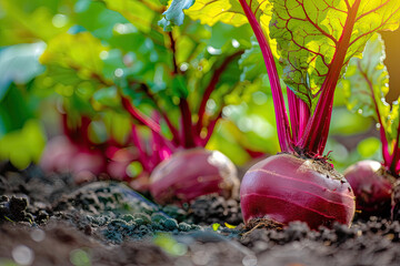 Close-up of beetroots growing in the garden