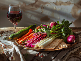 A traditional seder plate featuring thin strips of vegetables placed on top of matzah