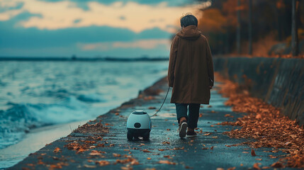 Person on autumn beach stroll with robot companion. Evening walk by sea, AI technology in daily life. Serene, calm seascape, futuristic leisure concept. Modern lifestyle meets innovative companionship